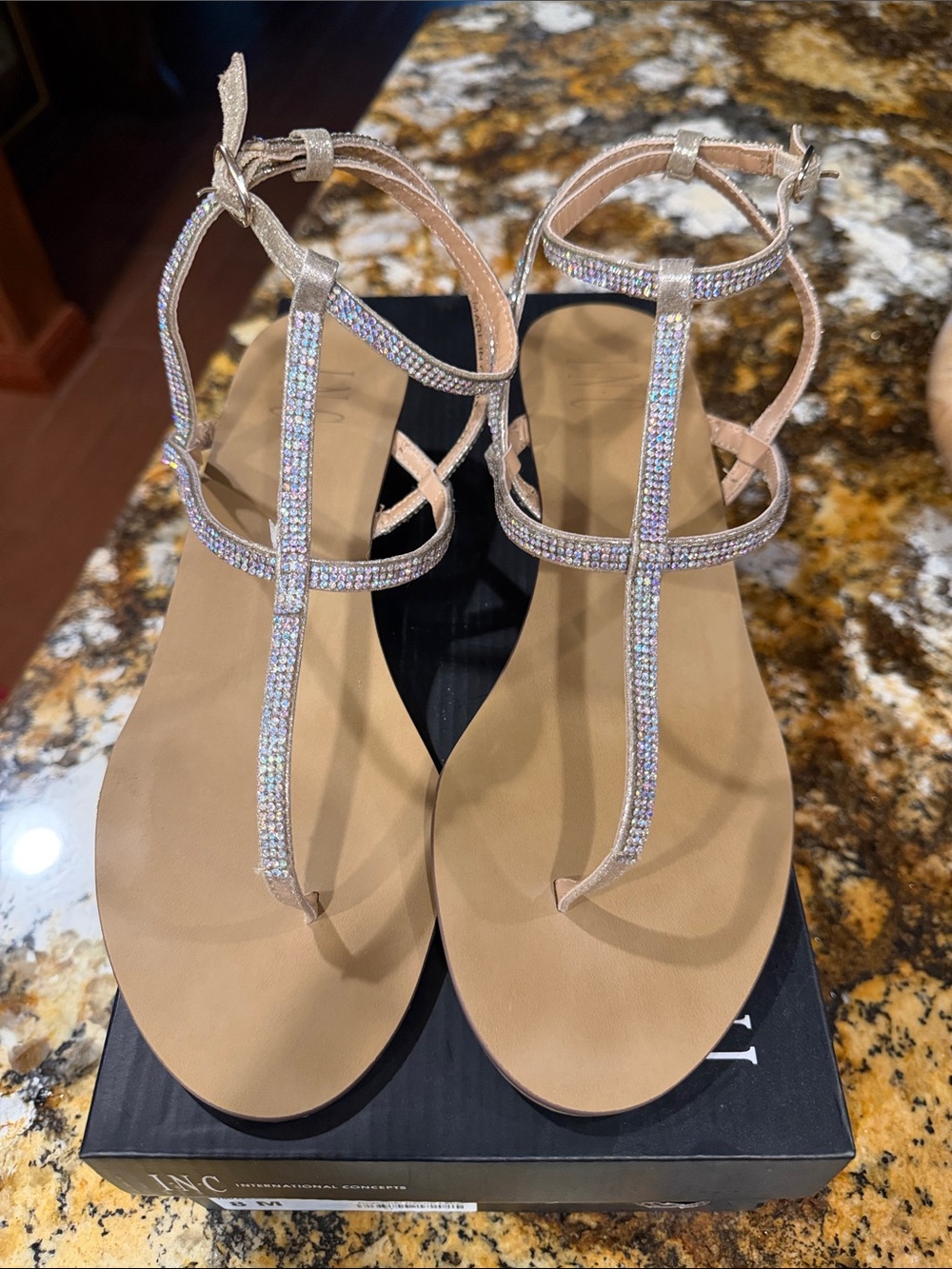INC International Concepts Rose Gold T-Strap Rhinestone Sandals